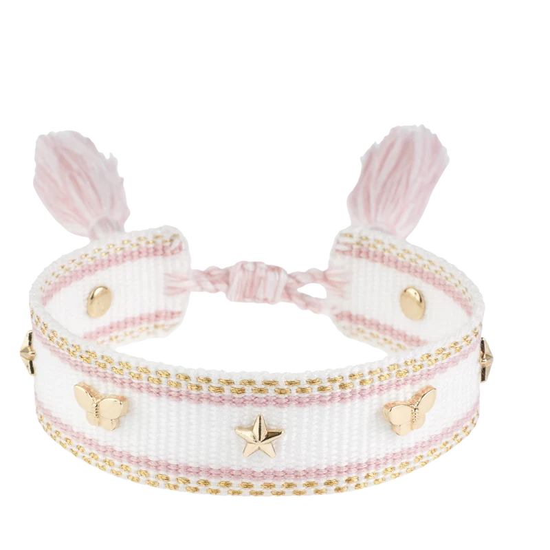 Woven Friendship Bracelet W/Star Studs - White W/Light Rose & Gold