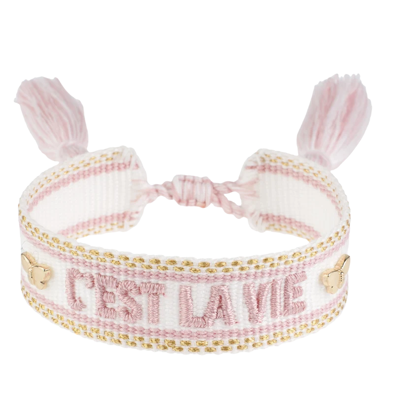 Woven Friendship Bracelet - "C'est La Vie" White W/Light Rose & Gold