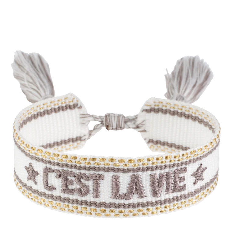 Woven Friendship Bracelet - "C'est La Vie" White W/Taupe