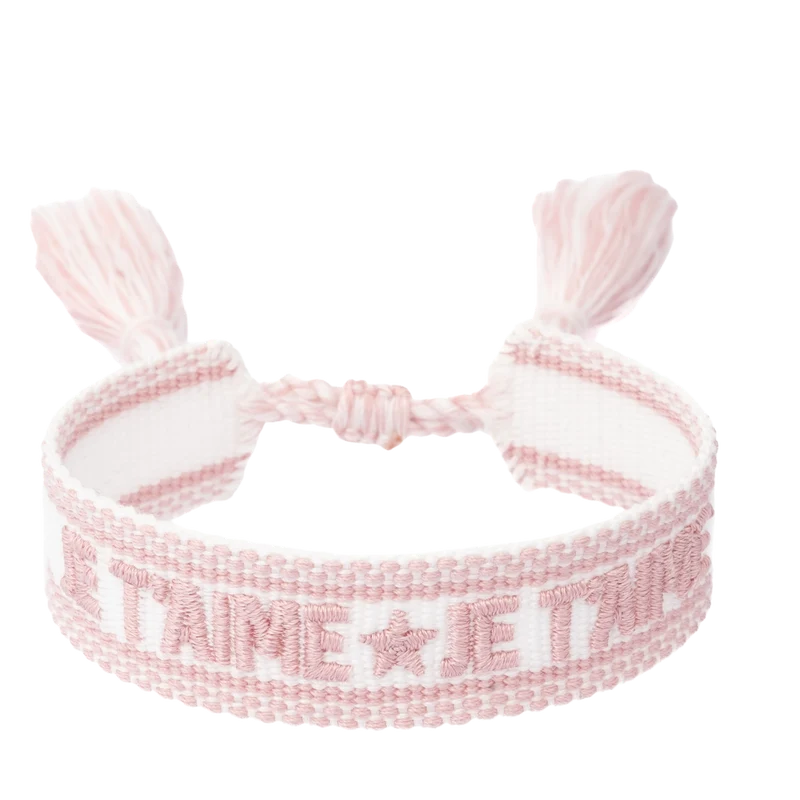 Woven Friendship Bracelet - "Je T'aime" White W/Light Rose