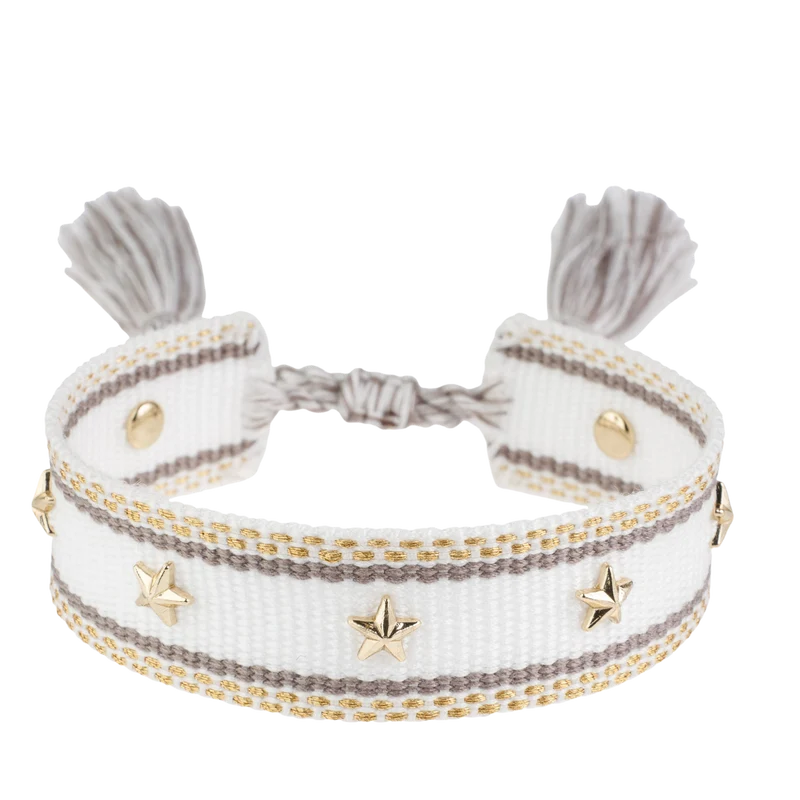 Woven Friendship Bracelet W/Star Studs - White W/Taupe & Gold