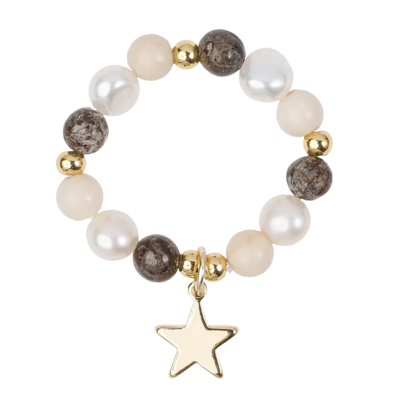 Stone & Pearl Bead Ring 4 mm W/Charm - Neutral Mix