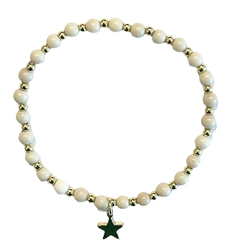 Stone Bead Bracelet 4 mm W/Gold Beads - Sand