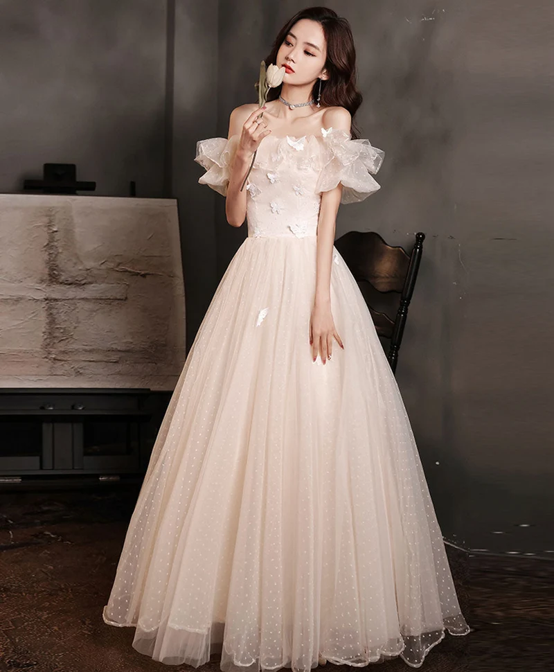 Elegant Champagnefärgad Tyll Spets Off Shoulder Lång Balklänning