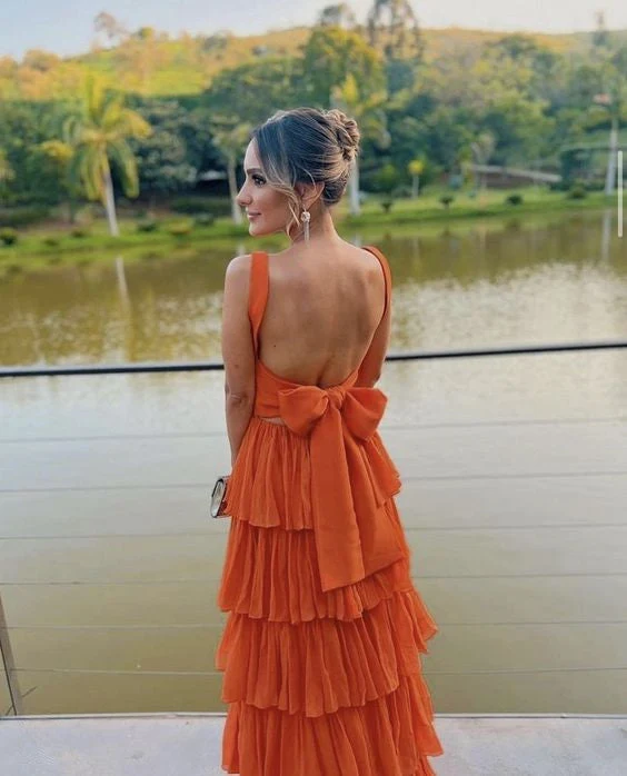 Elegant Orange A-linjeformad Blygsam Formell Lång Kvällsbalklänningar för Damer