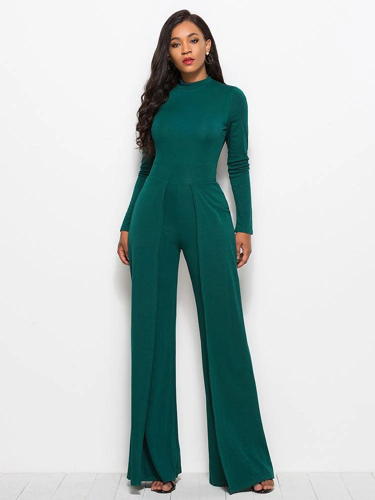 Långärmad Mock Neck Jumpsuit med vida ben