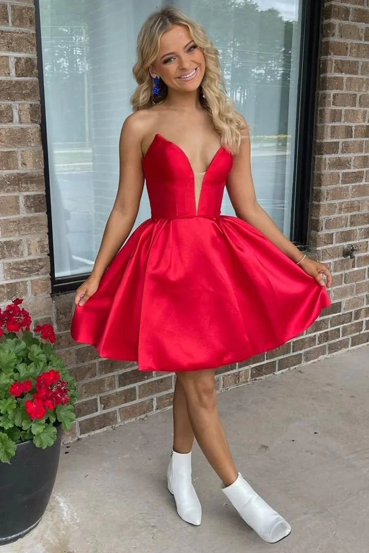 Röd Satin Plunge-V-neck Homecoming Dress