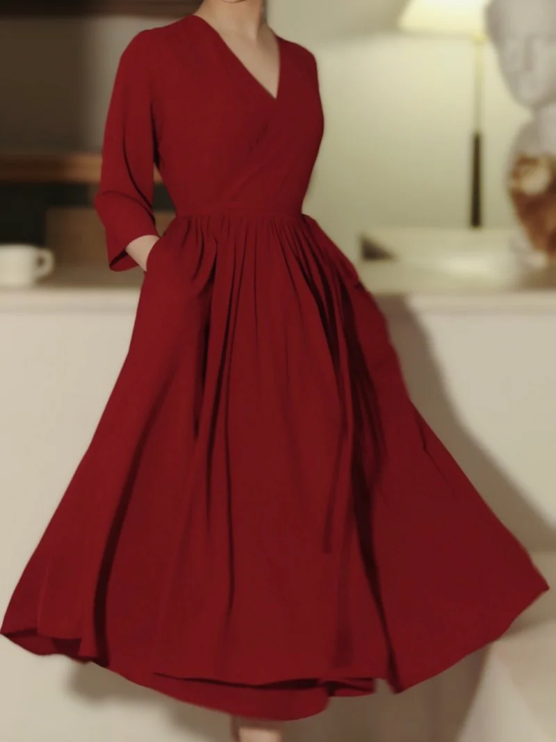Burgundy Modest 50s Vintage V-ringad sommarklänning med ärmar