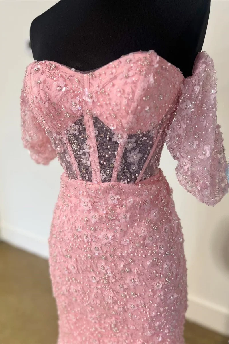 Rosa 3D blommig spets Sweetheart Mermaid se genom balklänning med slits
