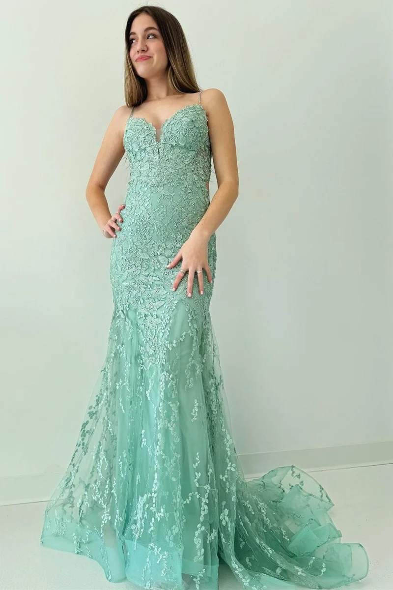 Sage Green Lace Mermaid Lång balklänning med öppen rygg