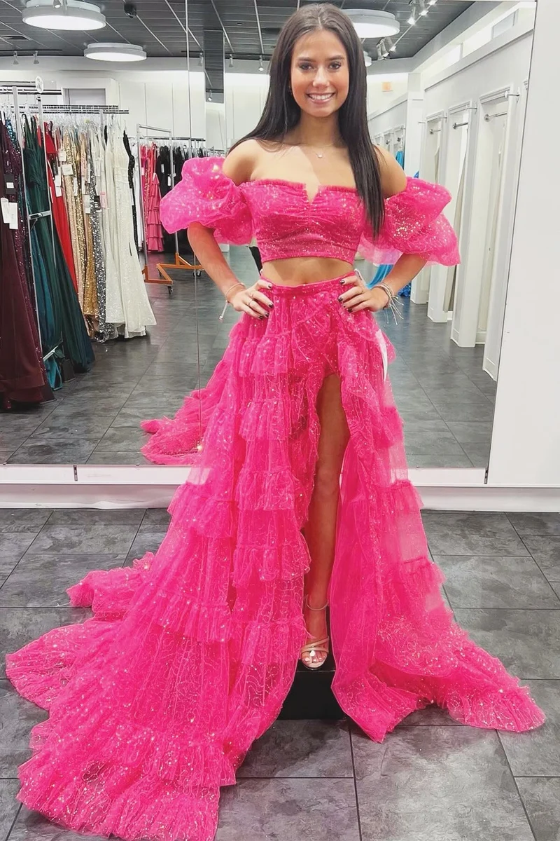 Fuchsia tvådelad puffärm volang glitter balklänning med slits