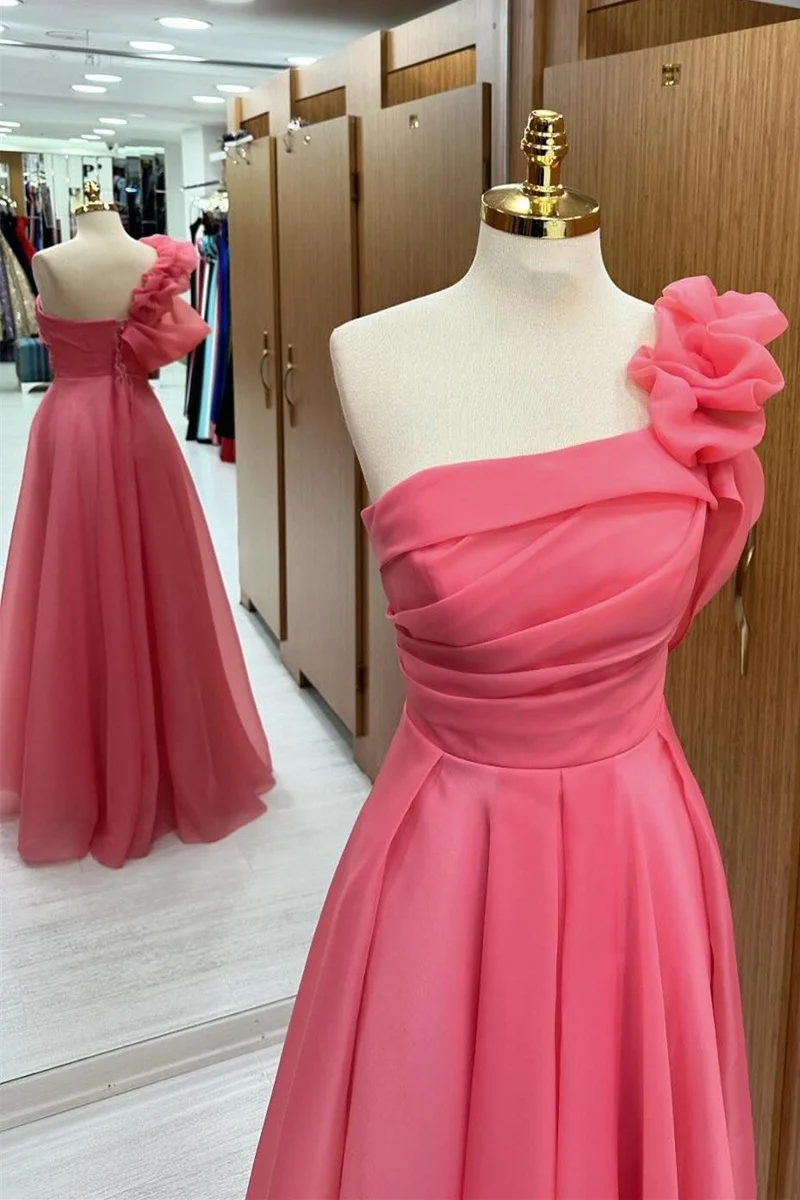Watermelon One Shoulder Organza Balklänning