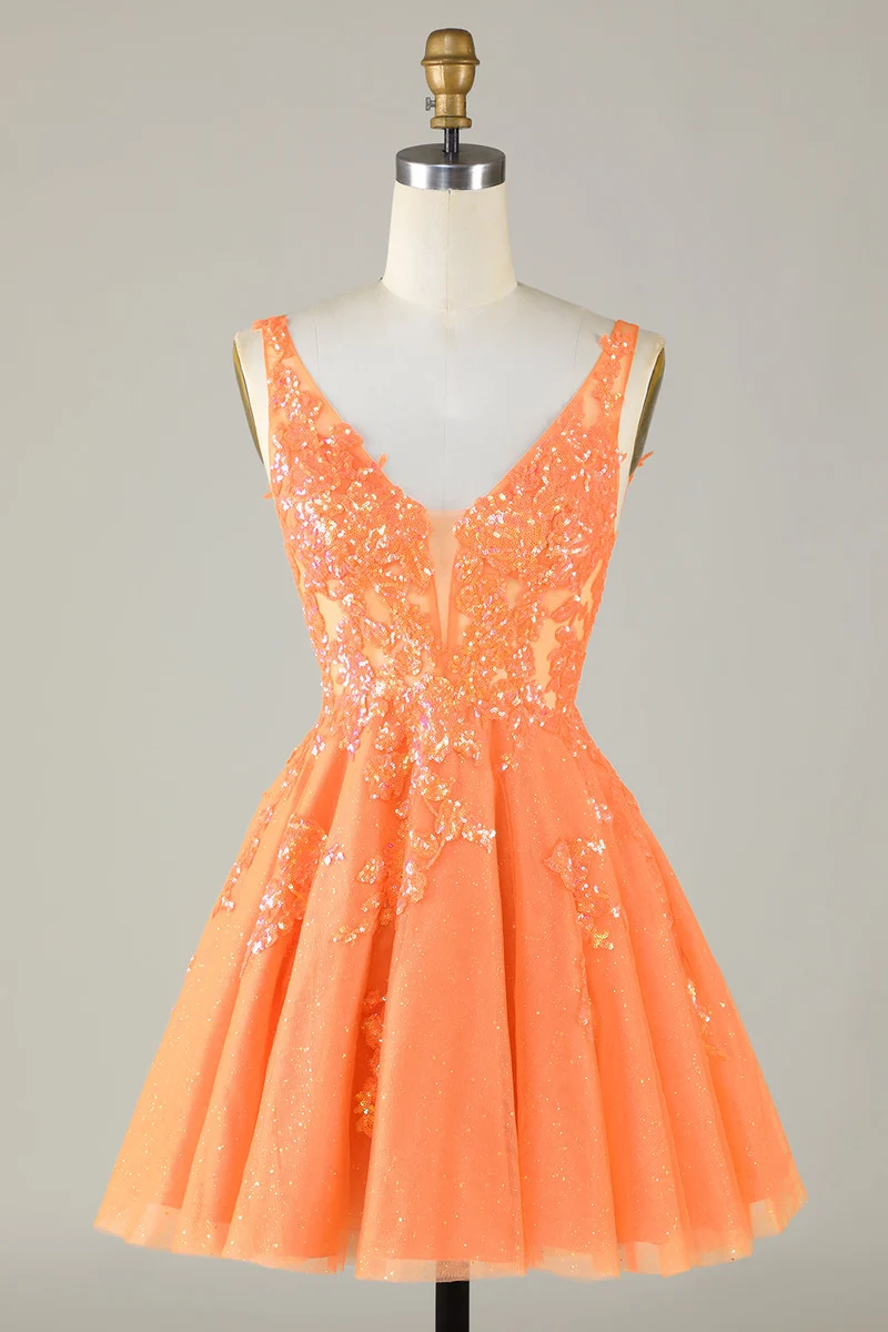 Orange Glitter Applikation V-ringad Tyll Hemkomstklänning