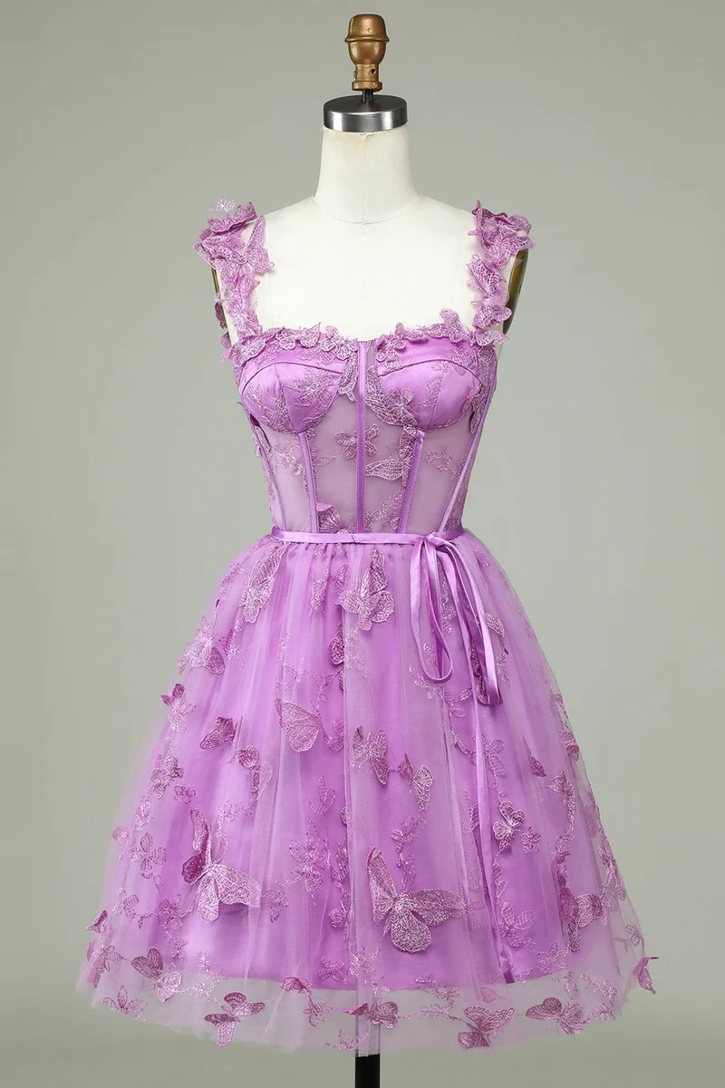 Magenta fjärilsspetskorsett Se Through Homecoming Dress