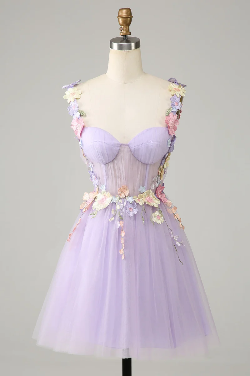 Färgglad 3D-blommig älskling Se Through Liac Homecoming Dress
