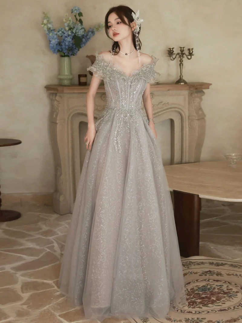 Sparkly Silver Grå A-linje Maxi Off The Shoulder Balklänning