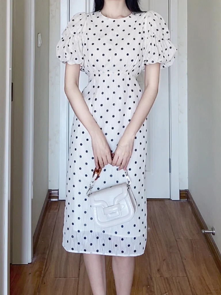 Vit Bubble Sleeves Polka Dot Klänning