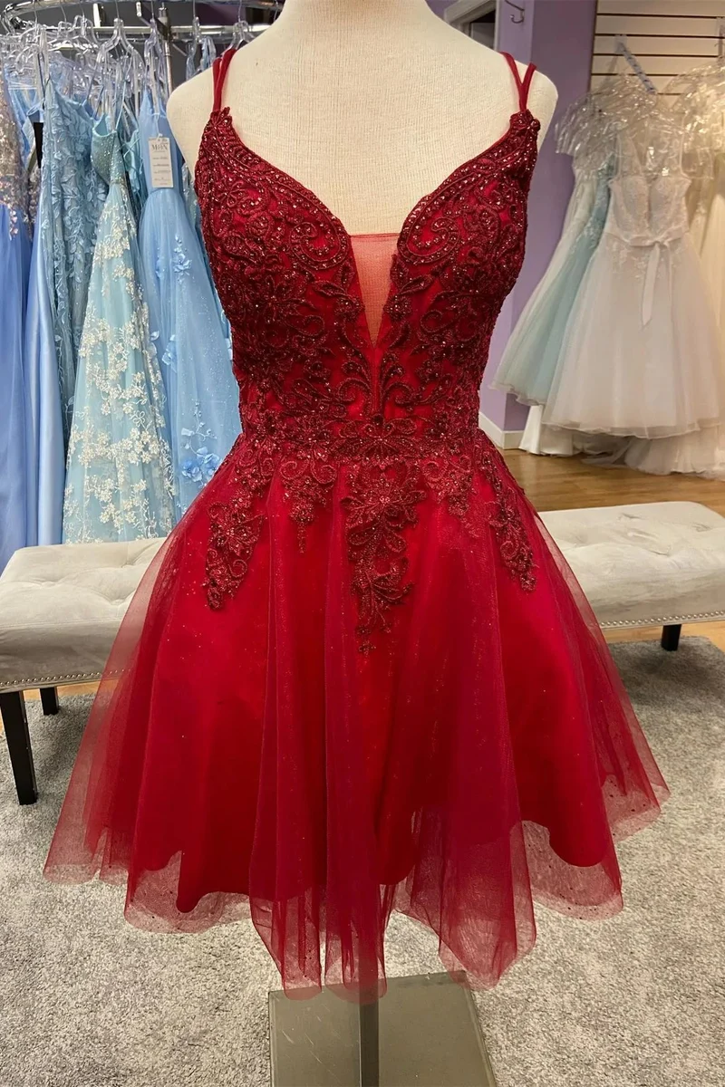 Röd Plunge V-ringad Spets Top Homecoming Dress