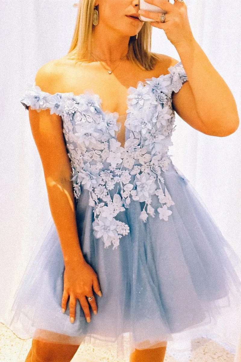 Unik Ljusblå 3D-blommor Off Shoulder Hemkomstklänning