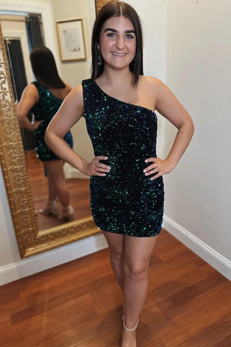 Mörk marinblå paljetter One Shoulder Tight Homecoming Dress