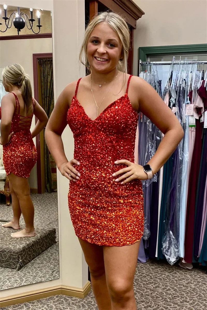 Korta röda paljetter Tight Homecoming Dress