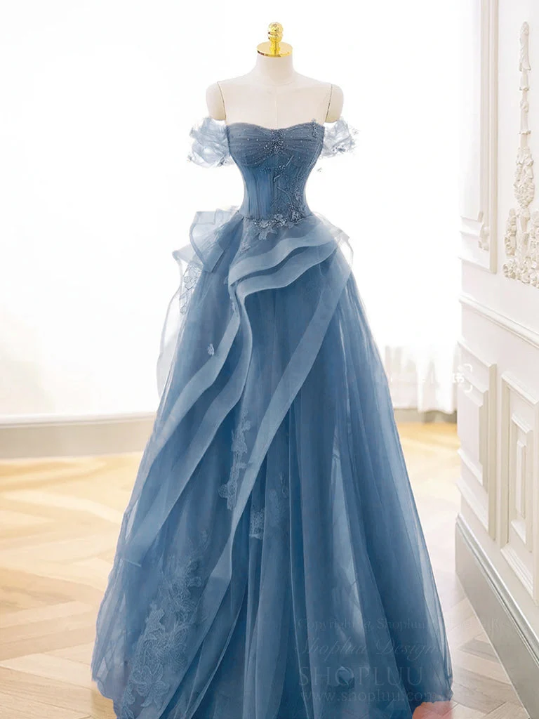 Elegant Gråblå Off Shoulder Tyll Spets Lång Balklänning
