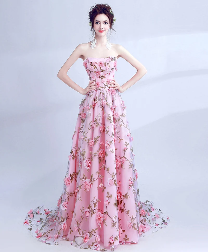 Rosa Tyll 3D Blommor Lång Balklänning