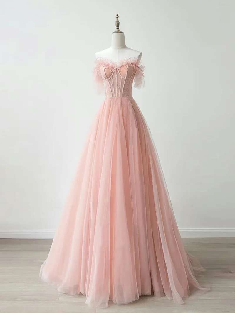 Peach Pink axelbandslös tyll genomskinlig skir balklänning