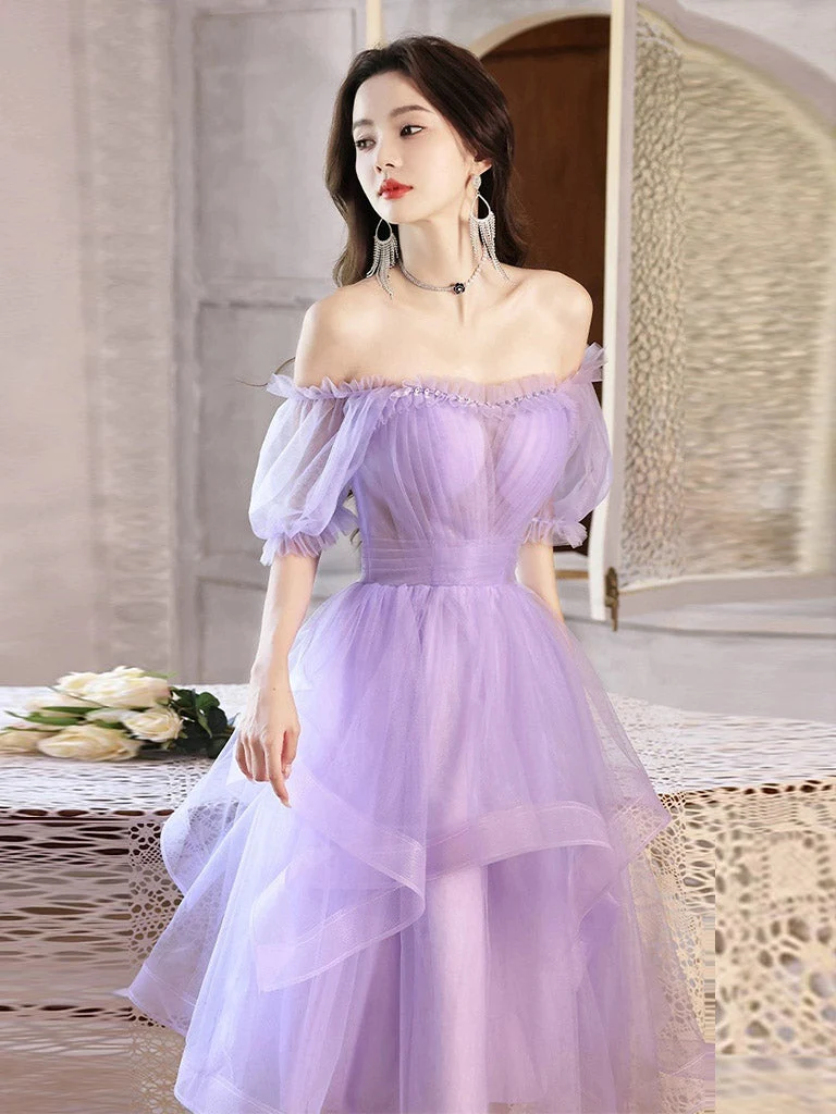 Off The Shoulder Ruffle Lavendel Skir Hemkomstklänning