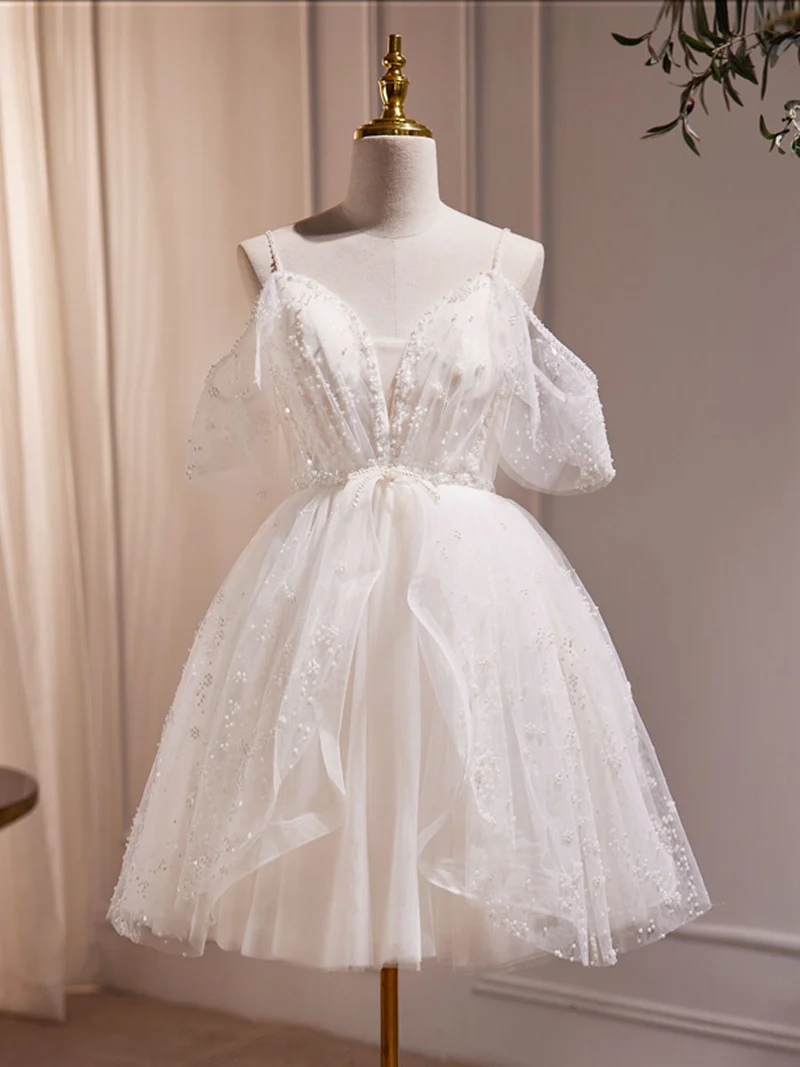 Modern Sweet Off Shoulders Spaghetti Strap Skir kort knälång bröllopsklänning