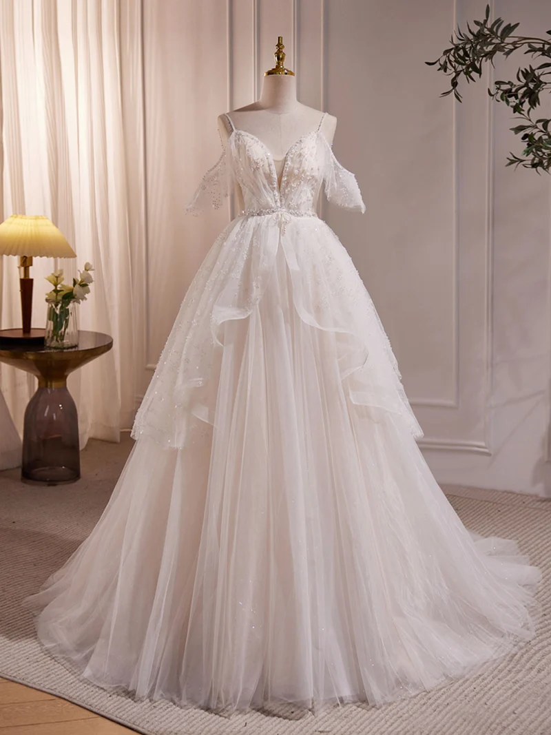 Söt Spaghetti Strap Off Shoulders Tulle Bead Balklänning Skir bröllopsklänning
