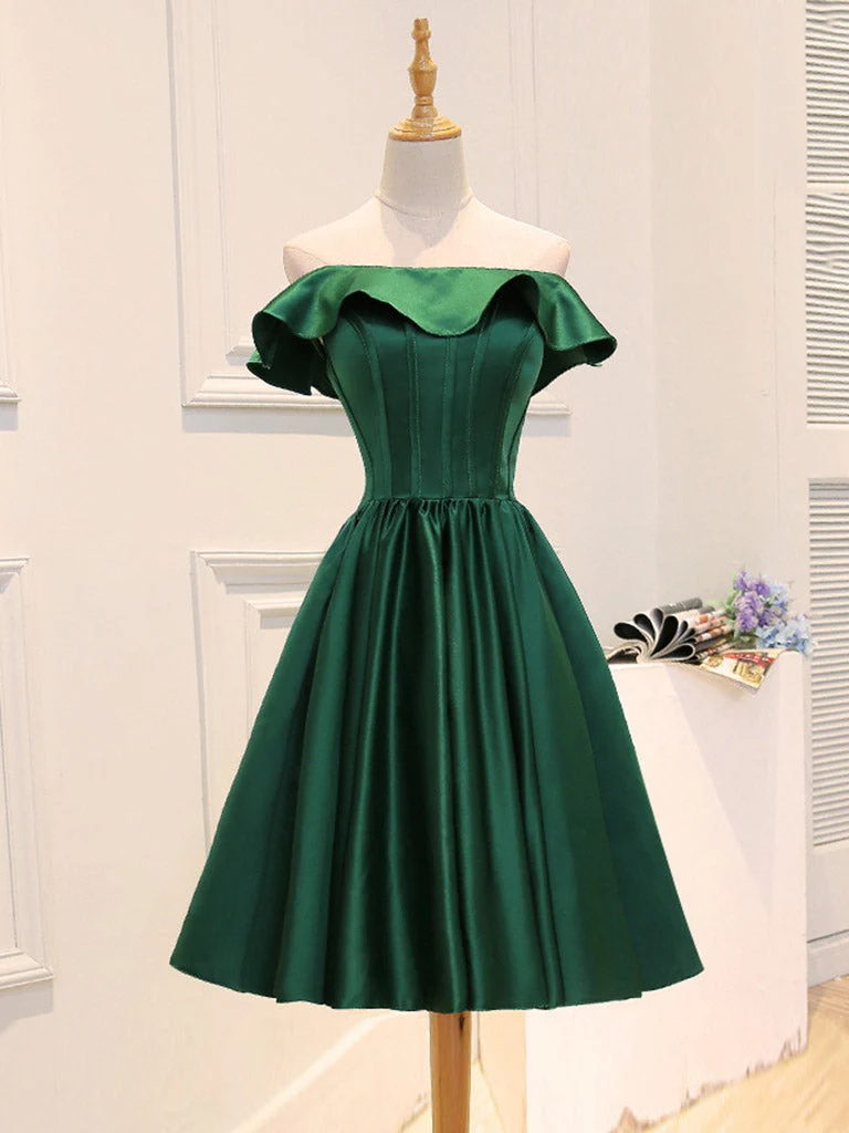 Emerald Green Off The Shouder Satin Boned Short Bridesmaid Klänningar | Balklänning