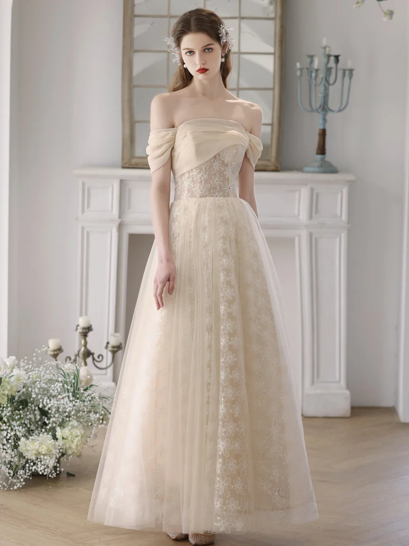 Champagne Off The Shoulder Lace See Through Balklänning Occasionsklänning