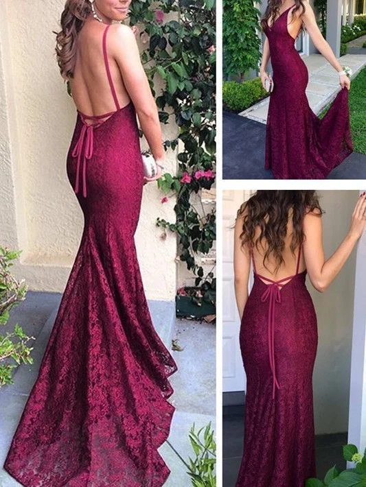 Nyaste Backless Sexy Lace Burgundy Mermaid Prom Dress | Lång högtidsklänning