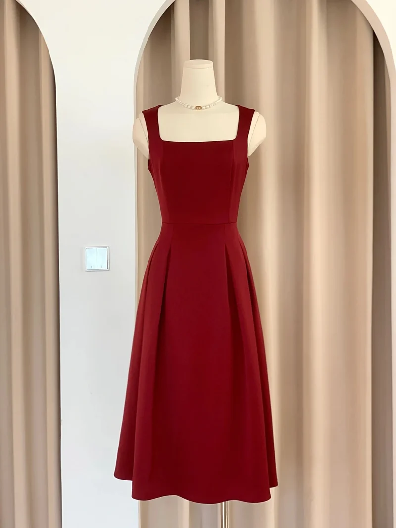 Vintage Rockabilly Burgundy Square Neck 50-tal stil klänning