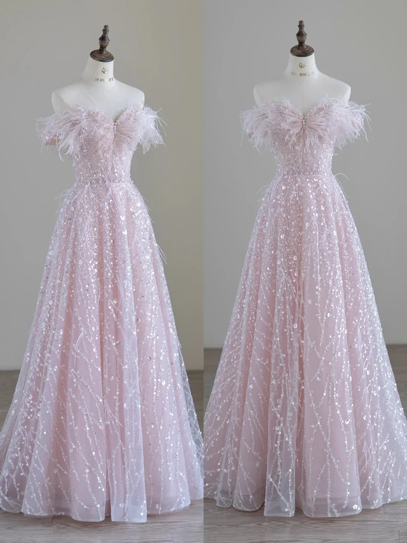 Off Shoulder Feather Pink Glitter Balklänning
