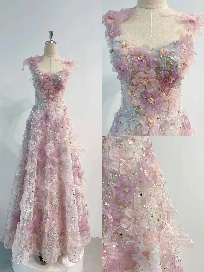 Romantisk rosa 3D-blommig balklänning högtidsklänning