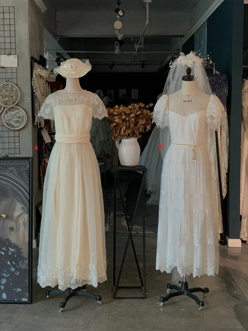 Vintage stil 70-tal ankellång bröllopsklänning