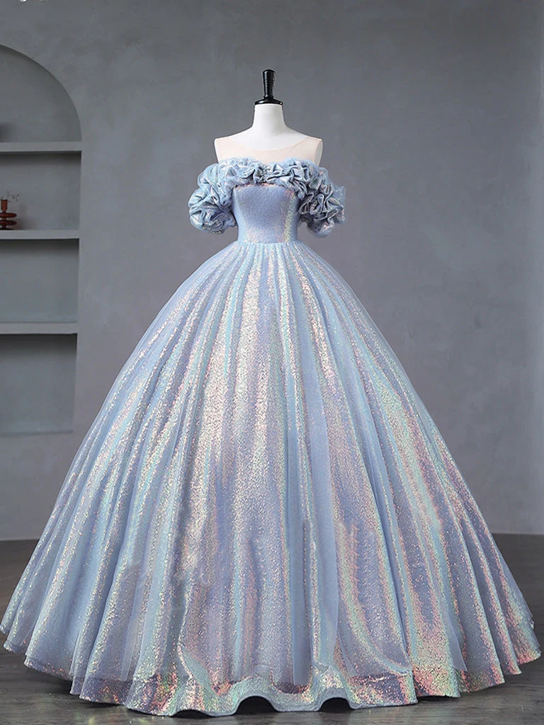 Illusion skrynklad av axeln Ljusblå balklänning Quinceanera-klänning