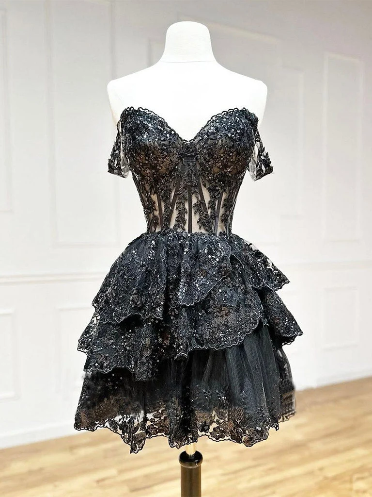Se Through Black Lace Tiered Homecoming Dress
