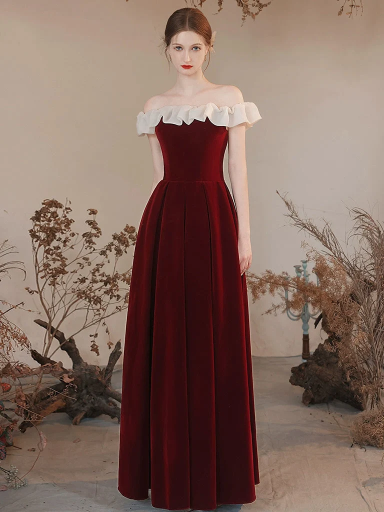Söt Burgundy Off The Shoulder A-linje lång balklänning