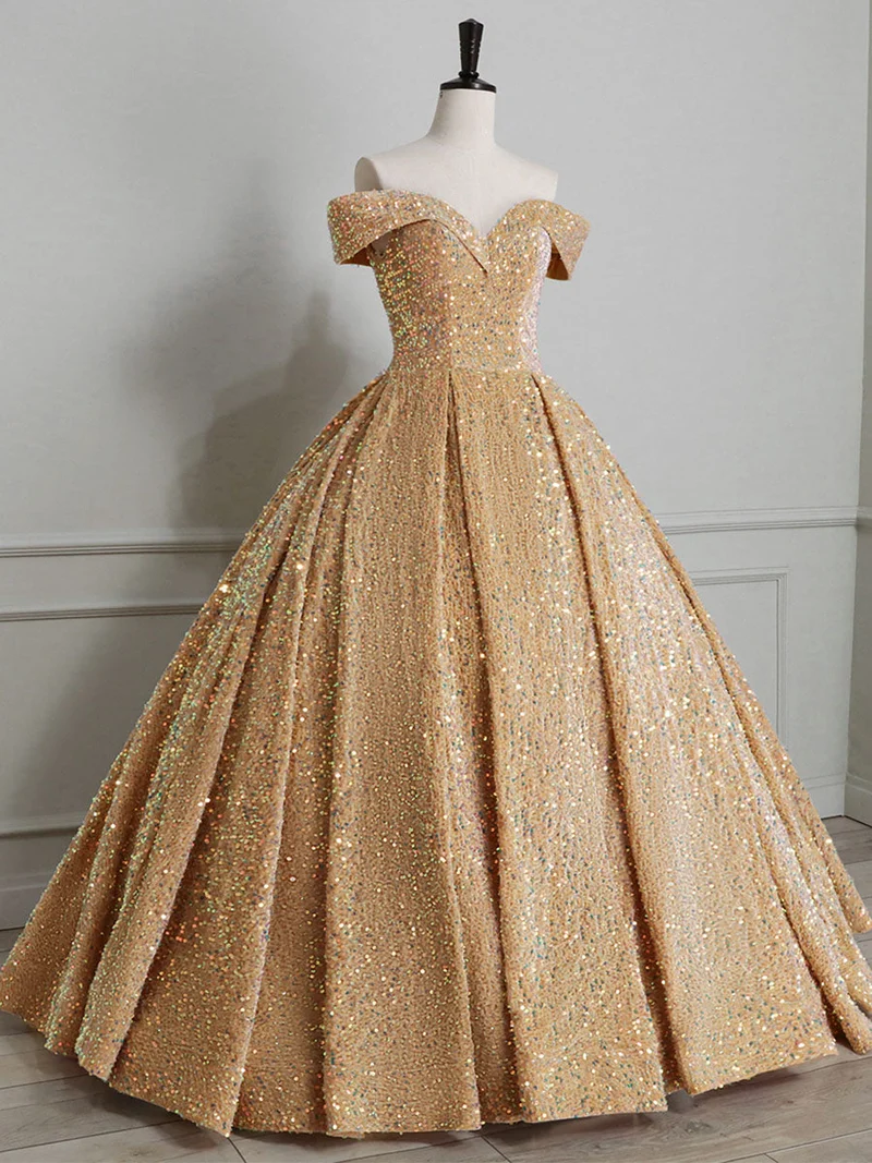 Glitter Guld Balklänning Off The Shoulder Quinceanera Dress Formell Klänning
