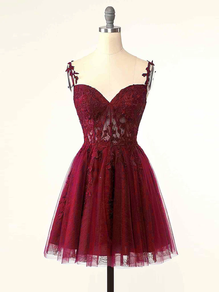 Spaghetti Strap Spets Skir Top Burgundy Kort Prom Dress Homecoming Dress