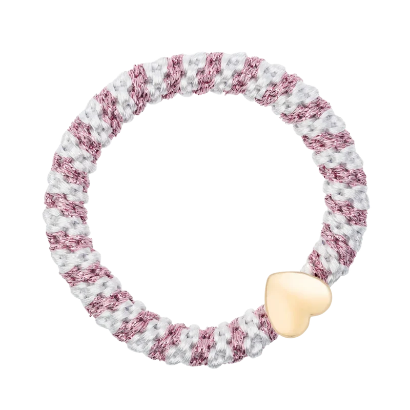Fat Hair Tie W/Gold - Cotton Candy & White Glitter Stripe W/Heart
