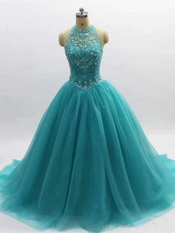 Turkos Öppen Rygg Halter Neck Bead Drop Midja Quinceanera Klänning