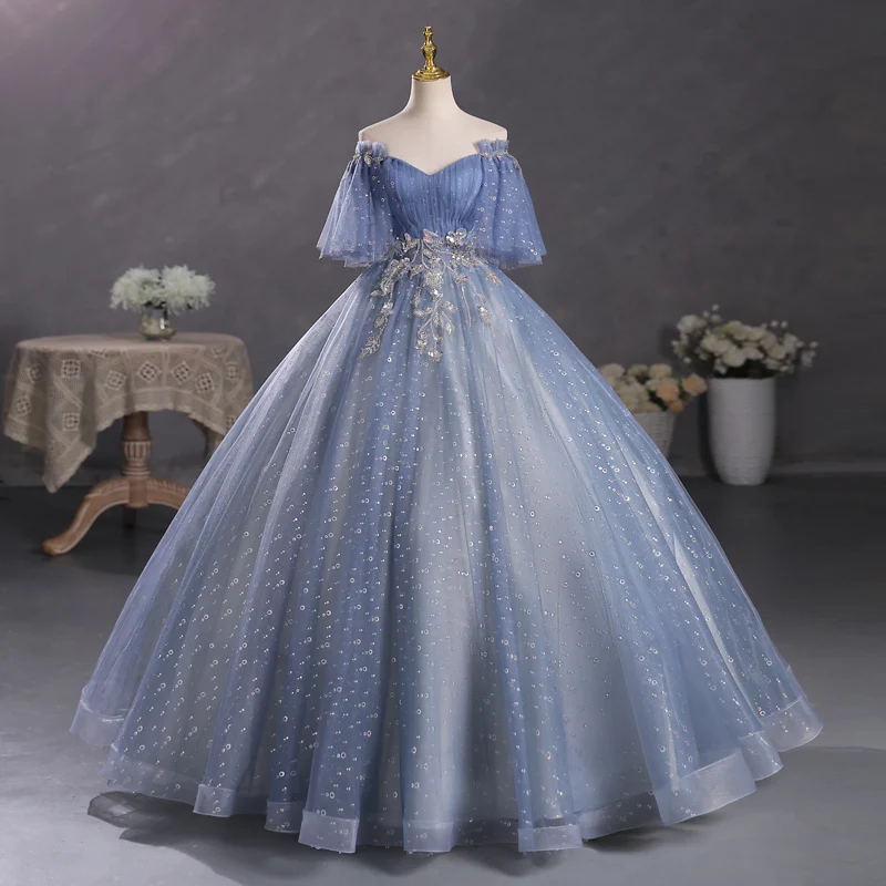 Dusty Blue Off The Shoulder Masquerade Balklänning Quinceanera Klänning