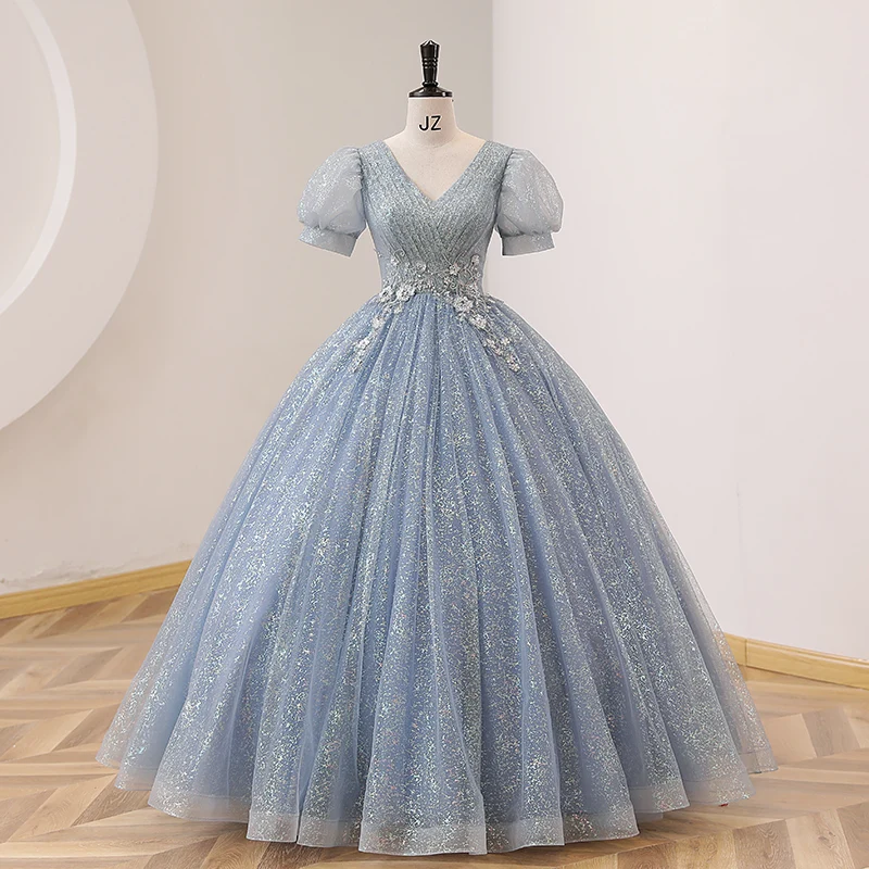 Dammblå V-ringad balklänning Quinceanera klänning