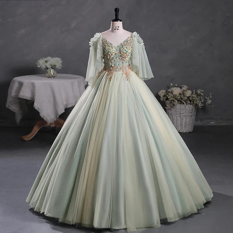 Sage Green Sheer Tylle Masquerade Balklänning Quinceanera Klänning