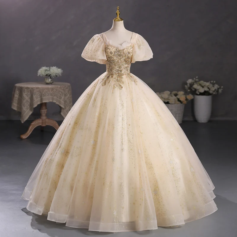 Sparkly Lace Top Gold Masquerade Balklänning Quinceanera Dress