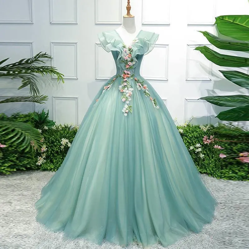 Aqua V-ringad balklänning Quinceanera Klänning Balklänning